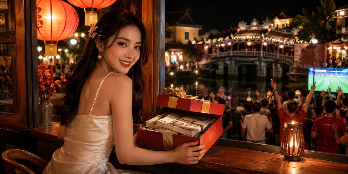 Góc cà phê Hội An buổi sáng với người dùng xem thông tin cá cược và thanh toán trực tuyến